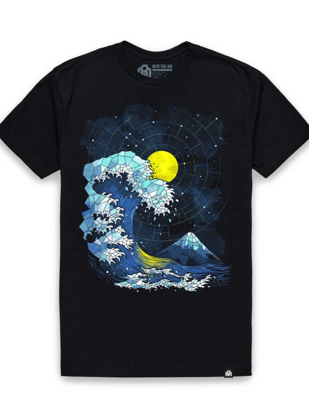 Black Geometric Ocean Wave Graphic Tee Mosaic Night Sky Art Shirt